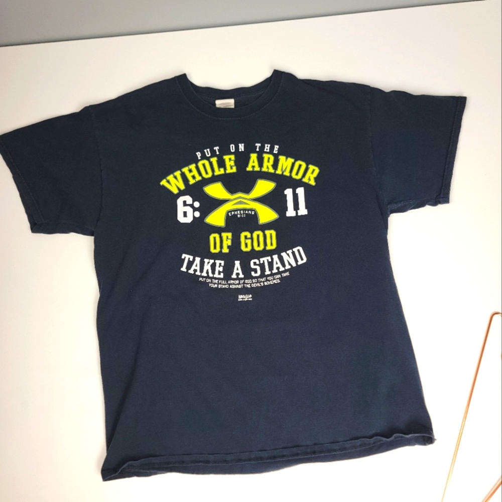 Kerruso Adult SS sz XL T-Shirt Whole Armor Of GOD Theme Black parody